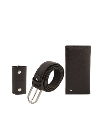 ست چرمی کیف پول، جاکلیدی و کمربند چرم مشهد Mashhad Leather کد U0011 - قهوه ای