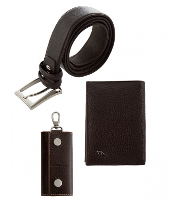 ست چرمی کیف پول، جا کلیدی و کمربند چرم مشهدMashhad leather مدل U0010 - قهوه ای